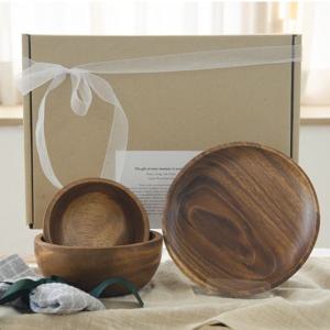 선물포장 아카시아 우드 접시 그릇 요거트볼 시리얼볼 원형플레이트 선물세트 B