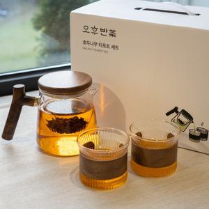 호두나무 티팟 티포트 세트 내열 유리 차주전자 잔2개 500ml