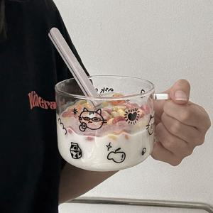 자체제작 키치캣 감성 머그컵 손잡이 내열유리 홈카페 시리얼 요거트볼 아이스크림 그릇