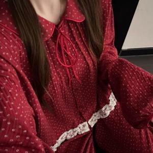 레드빈 플라워 레이스 순면 사계절 긴팔 잠옷 세트 1color