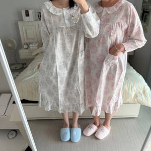 88 빅사이즈 가능 국산 트왈 플라워 사계절 긴팔 순면 잠옷 원피스 2color