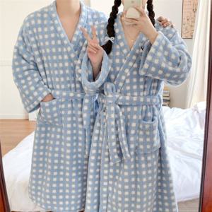 남여공용 블루체크 극세사 샤워가운 라운지 로브 수면 홈웨어