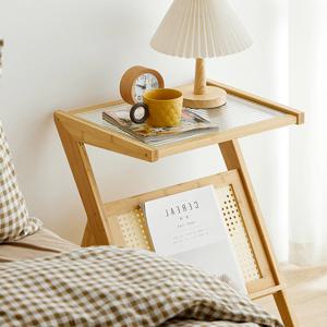원목 라탄 사이드 테이블 이동식 우드 침대 협탁