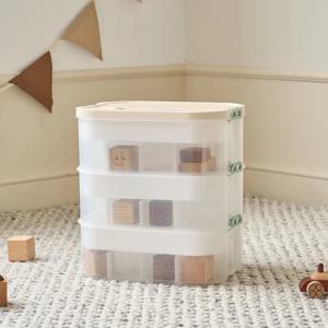 분류와 이동이 편한 뚜껑활용 3단 블록정리함 30.5x22.5x33cm 크림