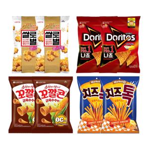도리토스 치즈x2 + 꼬깔콘 군옥수수맛x2 + 쌀로별x2 +치즈톡x2