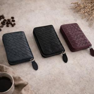 클래식 위빙 양가죽 지퍼 반지갑 부드럽고 고급스러운 가죽