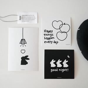래빗 심플 블랙앤화이트 인테리어 일러스트 감성 엽서 미니 포스터 카드(3종 set)
