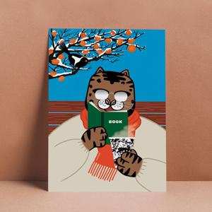호랑이 까치 책 독서 그림 풍수 민화 일러스트 A3 포스터 코팅 그림