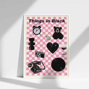 핑크 곰돌이 체커보드 블랙오브제 모던그림 인테리어 포스터(엽서 추가 증정)