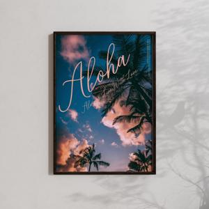 핑크 감성 하와이 해변 야자수 바다그림 포스터 (엽서 추가 증정)