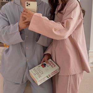 [리퍼] H made 올데이 무지 순면 잠옷 커플 긴팔 파자마 세트 4color