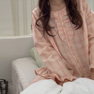 [리퍼] H made 로드 체크 프릴 잠옷 봄 가을 커플 긴팔 파자마 세트 2color