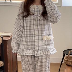 [리퍼] H made 헤이린 프릴 레이스 체크 커플잠옷 긴팔 파자마 세트 3color 프릴