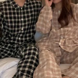 [리퍼] H made 피치기모면 로핀 체크 긴팔 순면 커플 잠옷 파자마 세트 2color