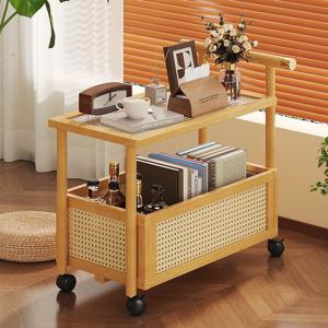 내추럴 라탄 원목 2단 트롤리 수납 선반 사이드 테이블 이동식 바퀴 협탁 거실 침실 주방