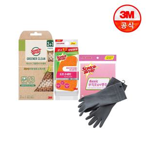 키친 스타터 세트(옥수수 그물망사 수세미+도트수세미+고무장갑+행주)