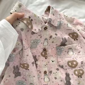 프레첼 애니멀 순면 피치기모 사계절 긴팔 홈웨어 세트 1color