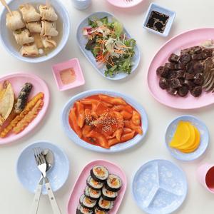 국산 파스텔 분식집그릇 떡볶이 접시 레트로 분식 플라스틱 그릇 마블 면기 우동기