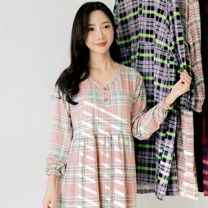 사계절 데일리 여성 배색체크 투버튼 피치기모 원피스 잠옷 파자마 홈웨어 5colors