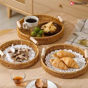 손잡이 원형 라탄 바구니 빵 귤 소쿠리 라탄트레이 바스켓