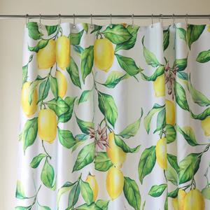 레몬 후르츠 플라워 150gsm 도톰한 방수 패브릭 샤워 커튼과 스테인리스 고리 세트