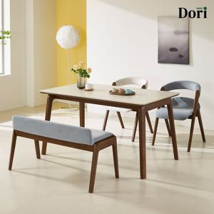 미미르 4인 벤치형 식탁 세트 / 식탁 테이블 4인용 패브릭 월넛 원목 원단 세라믹 의자