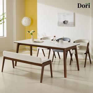 미미르 6인 벤치형 식탁 세트 / 테이블 6인용 패브릭 원단 크림 블루 벤치 월넛 의자