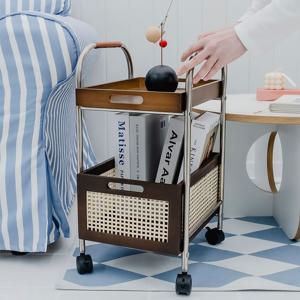 이동식 라탄 2단 트롤리 360도 회전 서랍 수납 선반 미니 테이블 웨건