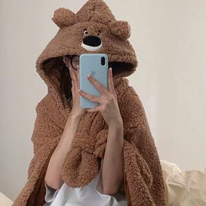따뜻한 브라운베어 극세사 후드 망토 입는담요 블랭킷