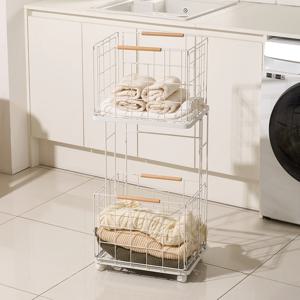 [예약 판매] 모던 철제 와이어 이동식 폴딩 2단 빨래바구니 트롤리