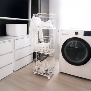 [예약 판매] 모던 철제 와이어 이동식 폴딩 3단 빨래바구니 트롤리 카트