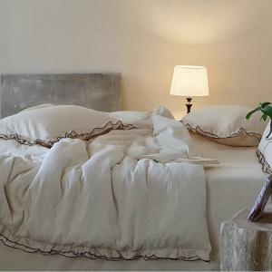 [해외] 밀크커피 하이엔드 이중순면 프릴 침대커버세트 이불커버+베개커버+매트커버