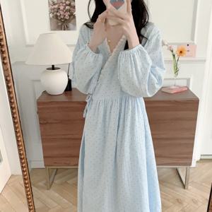 소라 도트 사계절 긴팔 랩 롱 로브 홈웨어 원피스 1color