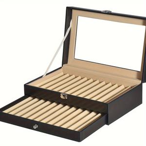 TEMU 24 슬롯 이중층 우산 펜, 연필 및 마커 정리 케이스, 우아한 PU 가죽, 투명 유리 상단, 금속 클래스 클로저, 이상적인 선물