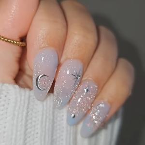 TEMU 별과 달이 있는 빛을 따라다니는 캣아이 пресс온 네일 24개, 산뜻한 아몬드형 네일팁, 네일 파일과 젤리 글루 포함