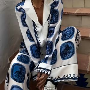 TEMU 블루 스타일리시 추상 프린트 투피스 팬츠 세트