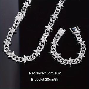 TEMU 2개 세트 우아한 쿠바 체인 주얼리, 남녀공용 목걸이 및 팔찌, 스파클링 액센트가 있는 스타일리시한 힙합 패션 남성용, 아들 선물로 이상적