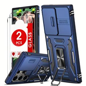 TEMU 갤럭시 S25 S24 S23 S22 S21 S20 S10 울트라 플러스 S24FE S23FE S21FE S20FE 5G 시리즈용 헤비듀티 충격방지 아머 360° 회전 금속 마그네틱 링 스탠드 휴대폰 케이스 + 강화유리 보호필름