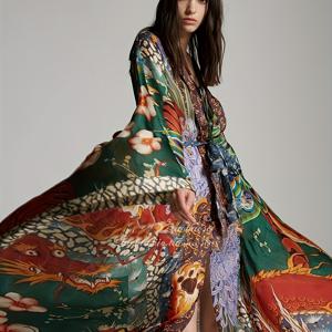 TEMU 1pc 초크 플러스 사이즈 김노 카프탄 드레스 - 100% 폴리에스테르 기하학적 패턴 벨트 디테일, 약간의 스트레치 직물, 봄/여름 해변 커버 업 수영복