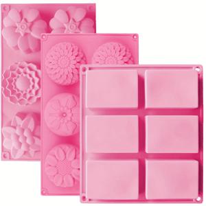 TEMU 비누 만들기용 실리콘 몰드 3개 세트. 꽃 모양의 구멍이 6개 있으며 직사각형 용품이 포함되어 있습니다. 수제 비누 제작에 이상적입니다.