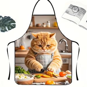 TEMU 1개 재미있는 요리 고양이 만화 앞치마 - 폴리에스터 원단, 귀여운 생강 고양이 디자인과 주방 도구, 성인 사이즈, 손세탁 전용, 요리복 | 생동감 넘치는 프린트 앞치마 | 광택 있는 원단