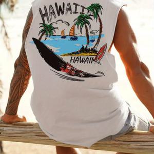 TEMU OBM 통통 남성 하와이안 프린트 탱크탑 - 트로피컬 팜 트리 & 서프 디자인, 레귤러 핏 캐주얼 비치웨어, 기계 세탁 가능 사계절용 편안한 옷감, 여름 액세서리, 서프 테마 디자인, 휴대하기 좋은 티셔츠|나시티|남자나시|비치웨어