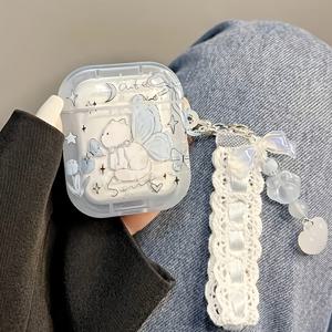 TEMU 1pc 라이트 블루 플라이잉 캣 보우 타이 무선 이어폰 케이스, 애플 이어폰 케이스와 호환되는 Forairpods1/2/3/4 Pro/Pro 2 케이스, 남자 친구/여자 친구를 위한 선물