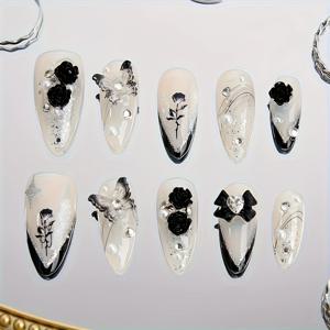 TEMU 고급스러운 수제 블랙 프렌치 스타일 동백꽃 네일 10개 세트. 우아한 장식과 탈부착 가능한 착용 디자인 특징.