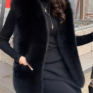 TEMU 여성의 우아한 여우 모피 바지 재킷 - 소매 없는, 긴 라인, 따뜻한 가을/겨울 아우터웨어, 포켓, 단색, 스타일리시한 빨간색 액센트, 캐주얼 웨어 재킷 | 빈티지 바지 재킷 | 여성의 따뜻함|빈티지