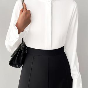 TEMU 우아한 여성용 솔리드 컬러 긴팔 셔츠 - 스탠드업 칼라 & 러플 커프스 디테일, 클래식 핏 올시즌 캐주얼 & 포멀웨어 탑, 세련된 재단의 레이디즈 셔츠|셔츠