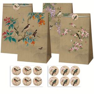 TEMU 12pcs 중국 축복 새와 꽃 프린트 선물 가방 - 생일, 파티, 휴일 및 선물에 적합한 우아한 종이 선물 가방, 선물 가방 우아, 파티 선물 가방 | 전통 중국 디자인 | 튼튼한 손잡이