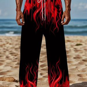 TEMU 남성용 레트로 플레임 프린트 캐주얼 팬츠 - 루즈핏, 레그, 스트레치 소재, 빨간 플레임 디자인의 블랙, 해변 또는 캐주얼 의상에 편안함