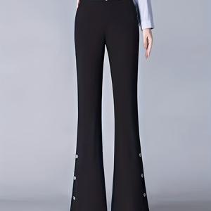 TEMU 블랙 수트 플레어 팬츠 드레이핑, 여성 팬츠 2025 봄 여름 가을 신상 페티트 앵클 팬츠 사이드 슬릿, 봄 가을 2025 신상 페티트 웨이스트 플레어 롱 팬츠|여름바지
