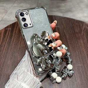 TEMU 럭셔리 플레이트 충격 방지 폰 케이스, 갤럭시 노트 20용, 두꺼운 모서리, 반짝이는 디자인, 귀여운 거울 토끼 스탠드, 그리고 세련된 팔찌 체인, 부드러운 소재로 제작